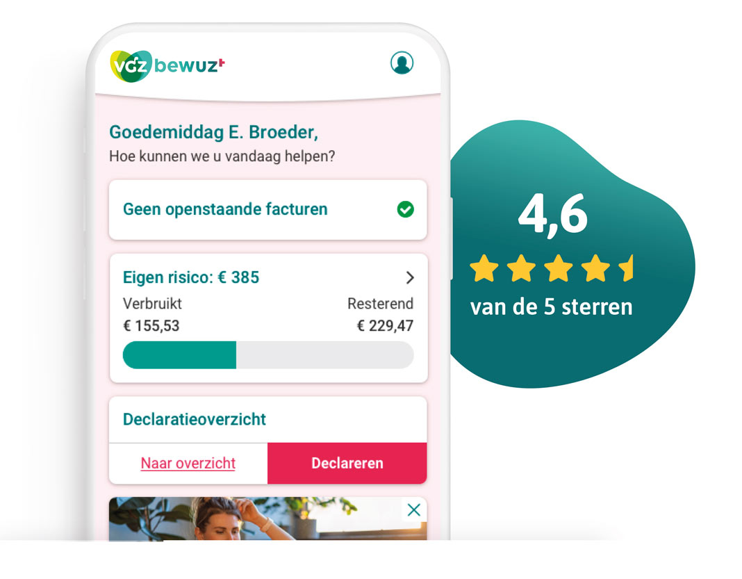 VGZ Bewuzt Zorg app met een reviewscore van 4,6 van de 5 sterren